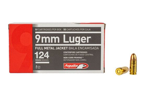 Aguila 9mm Full Metal Jacket Ammo features a 124 grain bullet